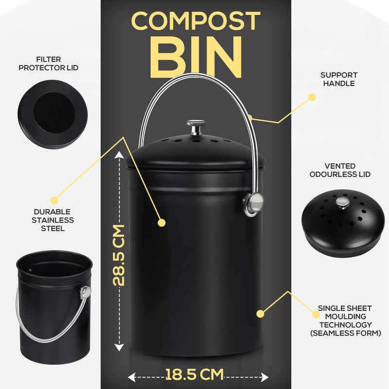 Utopia Kitchen Compost Bin for Kitchen Countertop, 1.3 Gallon Compost Bucket for Kitchen with Lid, Includes 1 Spare Charcoal Filter (Black) - Image 2